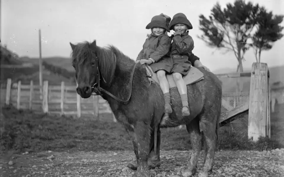 A group of children in riding helmets brushing a quiet chestnut pony tied in a barn aisle, with an instructor showing one child how to hold a body brush